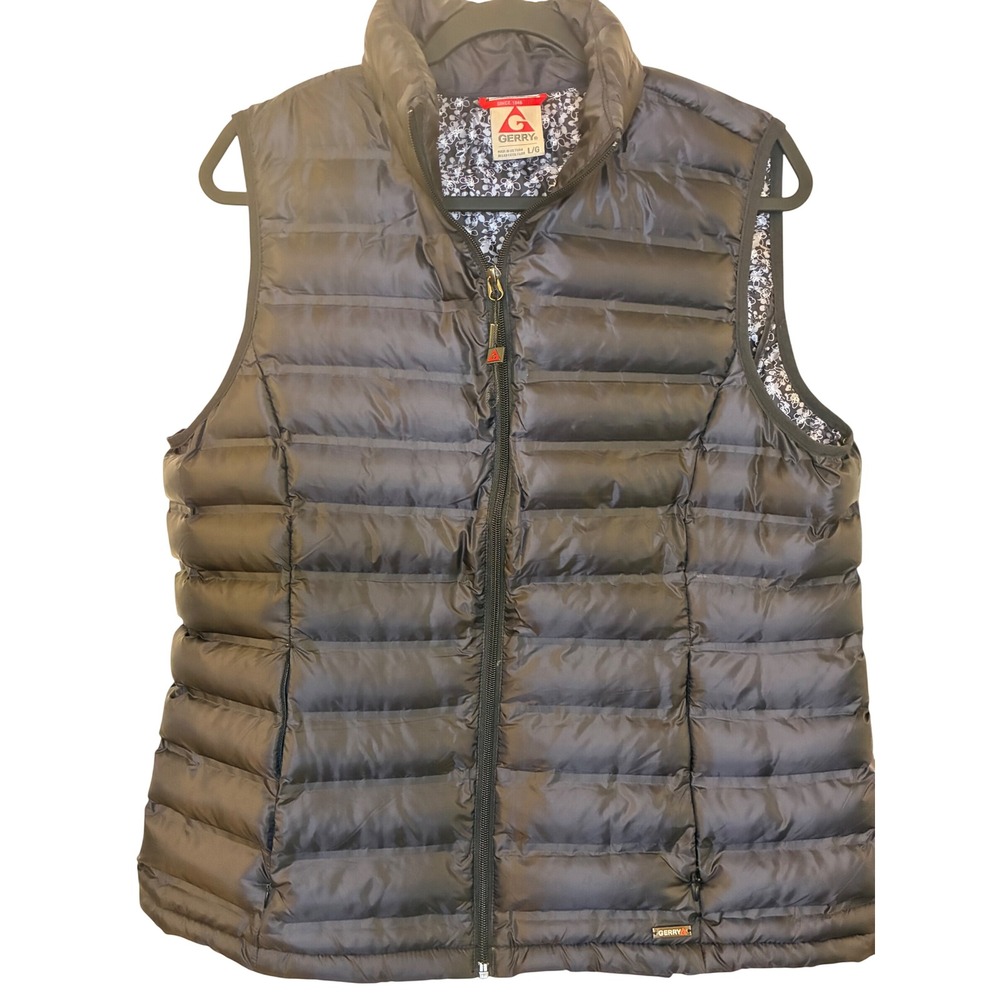 Gerry Vintage Puffer Vest Womens Large Black Quilted Floral Lining Full Zip L